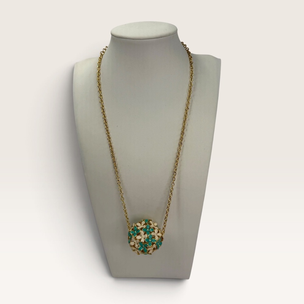 Gold Tone Turquoise Cream Enamel Flower Orb Sphere Statement Long Necklace